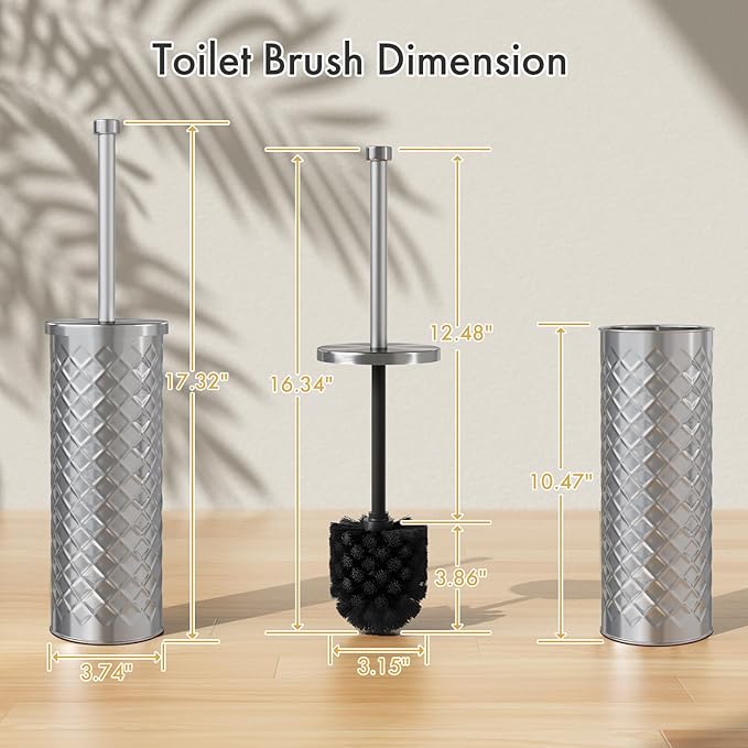Toilet Bowl Brush and Holder Set 2 Pack with 4 Extra Brush Heads | Extra Long Handle with Splash Guard Cover, Tool-Free Installation, Bathroom Space-Saving, Cleaner Sets for Apartments, RV (Silver)