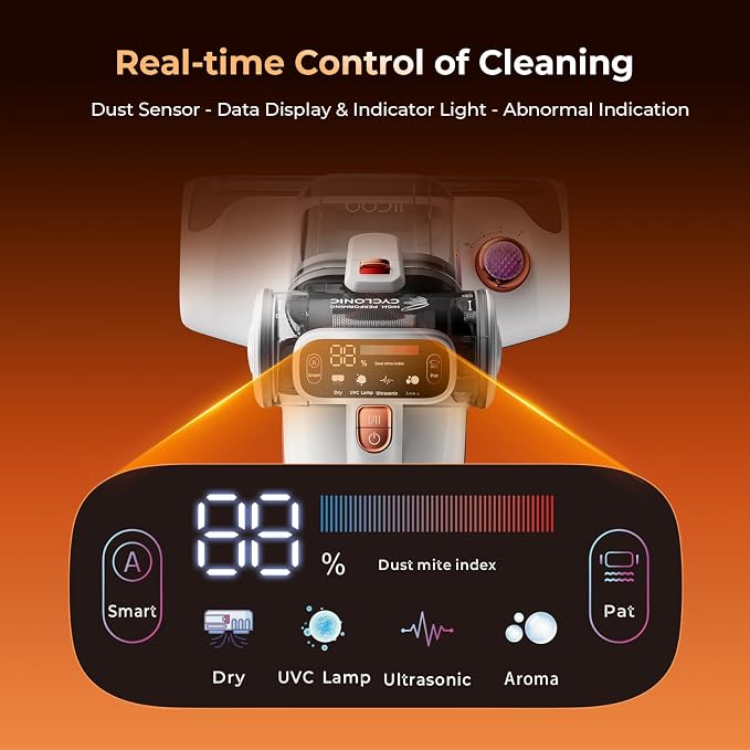 JIGOO T600 Mattress Vacuum Cleaner with UV-C Light, 15Kpa Suction 700W Powerful Double-Cup Handheld Vacuums, Bed Cleaner with Smart Dust Sensor, Ultrasonic, Heating Tech, MIF Filter