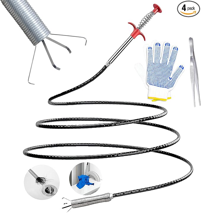 Flexible Grabber Claw, 4 Claws Drain Snake with Tweezers, Drain Clog Remover Bendable Hose Grabber Reacher Tool for Toilet Sewer Shower Kitchen Bathroom Tub Clogged (61 inch)