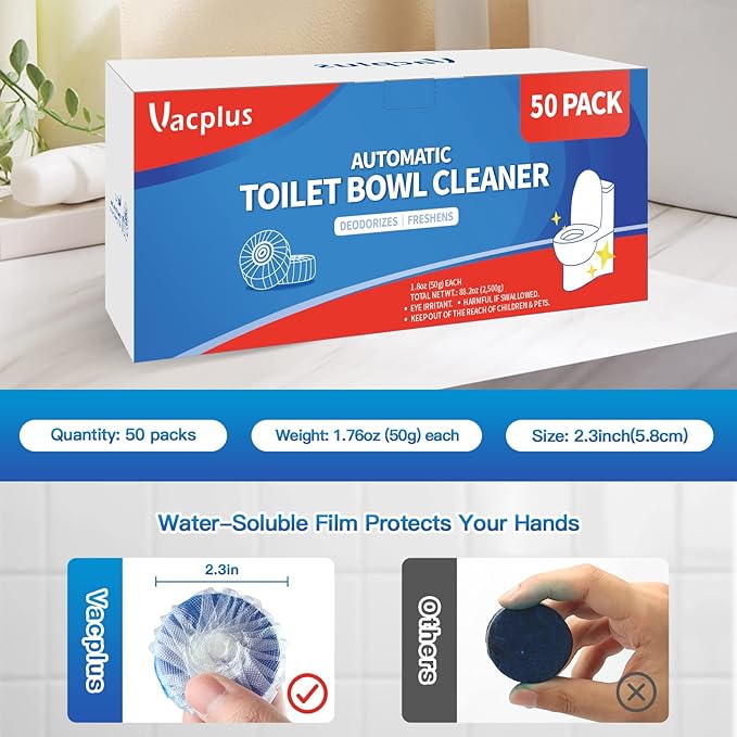 Vacplus Automatic Toilet Bowl Cleaner Tablets, Drop-In Tank Cleaner for Bathroom, Prevent Stains & Deodorize, Long-Lasting Cleaning Tabs, Easy-Use Freshener for Bowl & Tank, 50 Pack