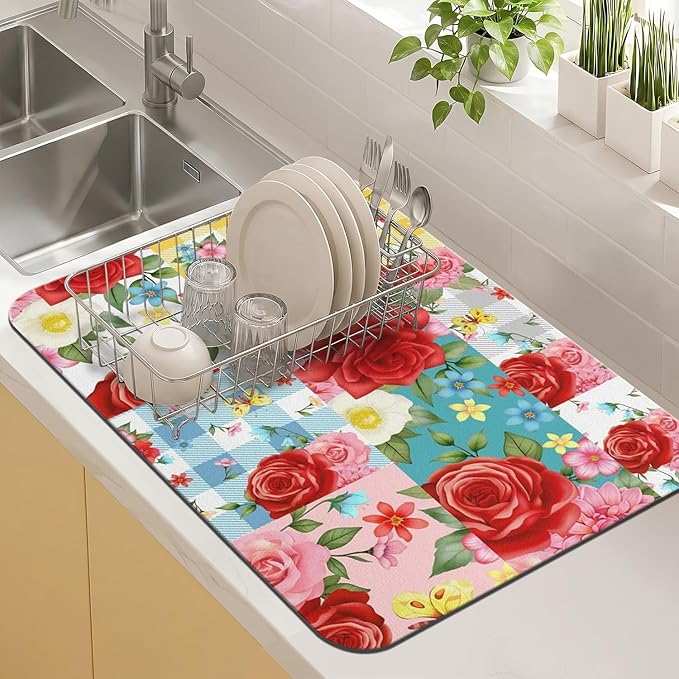 Kitchen Countertop Dish Drying Mat,Super Absorbent Coffee Bar Mat for Maker Espresso Machine, Anti-Slip Accessories for Kitchen Countertops 23x15 Inch