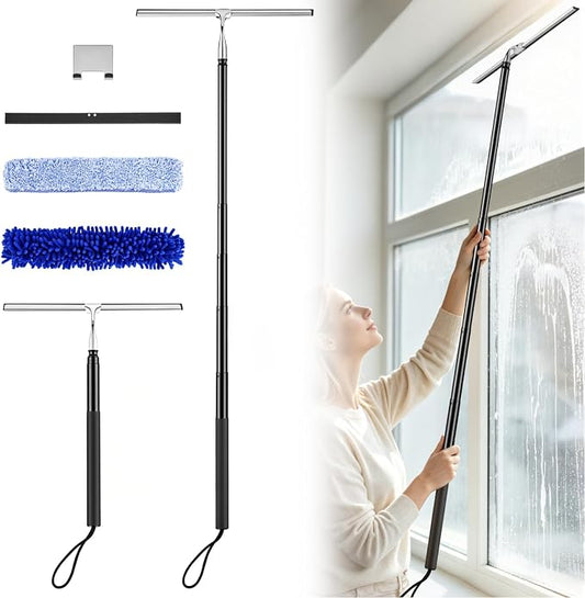 2-in-1 Window Shower Squeegee with Extension Pole for Glass Doors | Professional Window Cleaner Tool, 14" Wide Washing Equipment for High Outside Glass, Solar Panels, Shower, Car Windshield