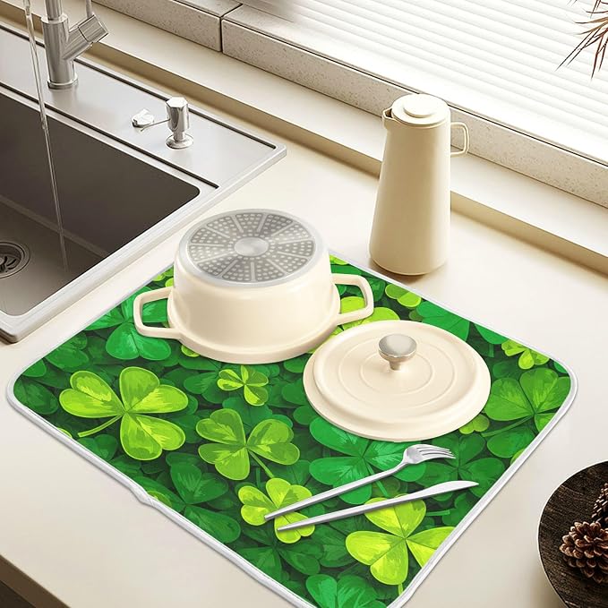 Patricks Day Shamrocks Lucky Clover Leaves Dish Drying Mat for Kitchen Counter Absorbent Microfiber Small Drying Pad Dish Mats for Kitchen Countertops 16 x 18 Inch