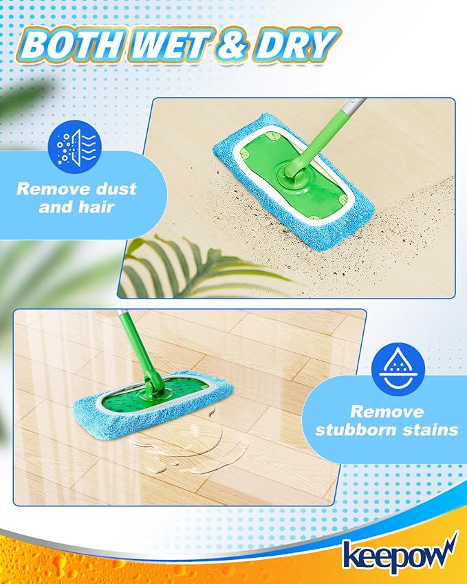 KEEPOW 6 Pack Reusable Mop Pads Compatible with Sweeper Mop, Blue | Premium Microfiber Replacement Pads for Wet & Dry Floor Cleaning, with Mesh Laundry Bag