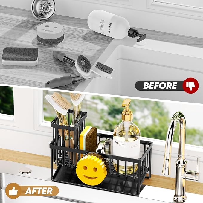 Sponge Holder for Kitchen Sink,Smiley Face Sink Caddy with Removable Brush Holder,Self-Draining Sponge Caddy for Sponge,Soap,Dish Brush,Scrubber,Kitchen Essentials and Gadgets