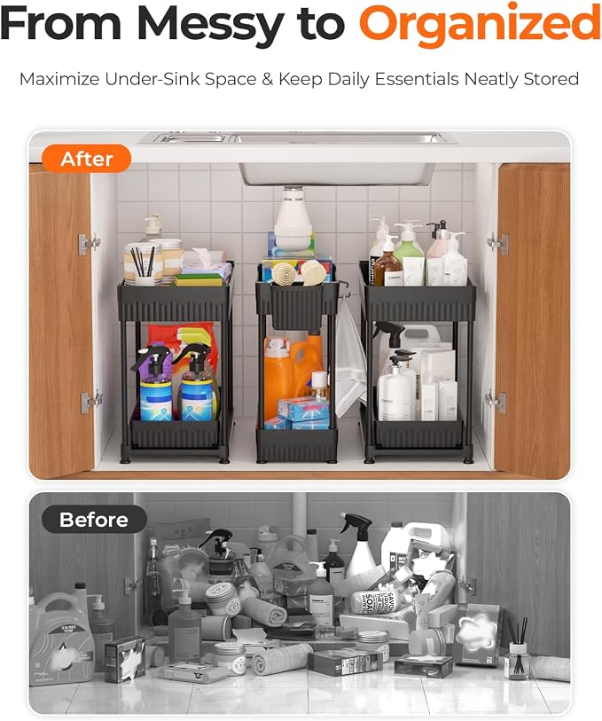 Sevenblue 3-Pack 2-Tier Under Sink Organizers with Sliding Drawers | Multi-use kitchen & bathroom storage, 12.8 inch black cabinet organizer, space-saving sliding drawer design.