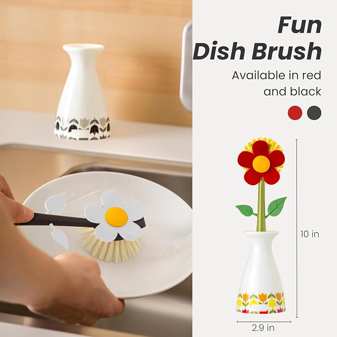 Vigar Flower Power Dish Brush - Flower-Shaped, Dish Brush with Handle and Vase Holder, Scrub Brush for Dishes, Dishwashing Brush, Kitchen Scrub Brush, Pot Scrubber, Kitchen Essentials - White, Black