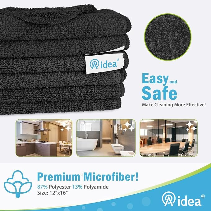 AIDEA Black Microfiber Cleaning Cloth-8PK, Cleaning Rags 12"x 16" Reusable | Microfiber Towels for Cars Lint Free, Absorbent Microfiber Towels, Kitchen Towels Dusting Cloth Dish Rags, Cleaning Supplies