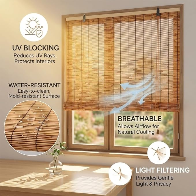 Retro Bamboo Shades for Outdoor Patio Privacy, Waterproof Bamboo Blinds, Natural Reed Bamboo Roll Up Blinds, Bamboo Roller Shades for Porch Gazebo Deck Windows, Sizes 16" to 80" Wide(46" W x 84" H)