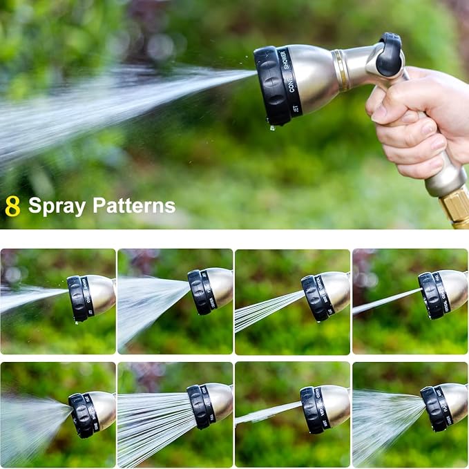 FANHAO Metal Thumb Control Garden Hose Nozzle Heavy Duty, 8 Spray Patterns | Rustproof Zinc Alloy Water Hose Sprayer High Pressure, Non-Slip Ergonomic Grip for Lawn & Plant Watering, Car & Pet Washing