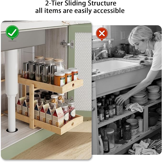 APRTAT 2 Pack Under Sink Organizer, Bamboo Wooden 2-Tier Pull-Out Storage with Sliding Drawers for Kitchen and Bathroom Cabinets, Easy Installation (Natural)