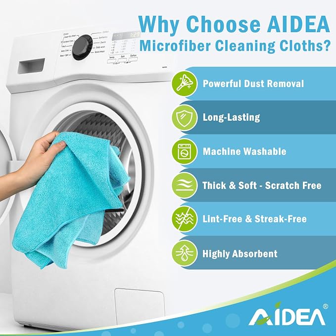AIDEA Blue Microfiber Cleaning Cloth-12PK, Cleaning Rags 12"x 12" Absorbent | Microfiber Towels for Cars Lint Free, Reusable Microfiber Rags, Shop Towels Dish Rags for Kitchen/Home Cleaning Supplies