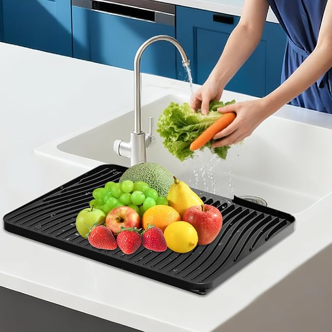 Silicone Dish Drying Mat for Kitchen counter, 15.8"x13" Extra Large Non-Slip Drain Pad with Built-in Drainage, Heat Resistant Dishwasher Safe, Black