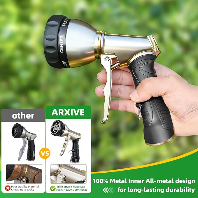 ARXIVE Metal Garden Hose Nozzle, Heavy Duty High Pressure Hand Sprayer | 7 Adjustable Patterns for Watering, Car Wash, Pet Rinse & Patio, Leak-Proof Rustproof Metal with Non-Slip Grip