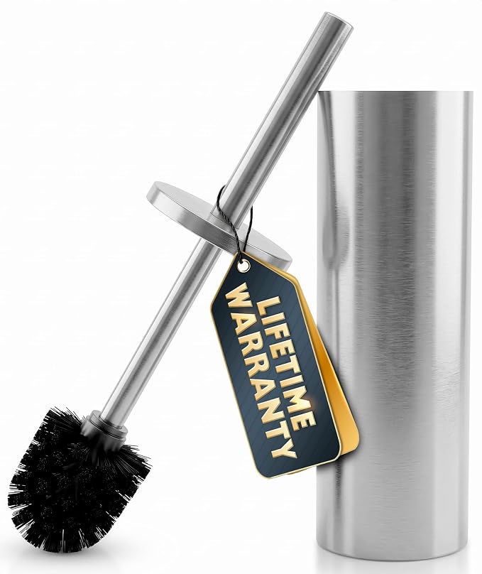 Stainless Steel Toilet Brush and Holder Set, Splash Guard (Silver) | Toilet Bowl Brush and Holder, Removable Inner Bowl, Dense Bristles, Long Handle, Scratch Resistant, for Modern Bathrooms