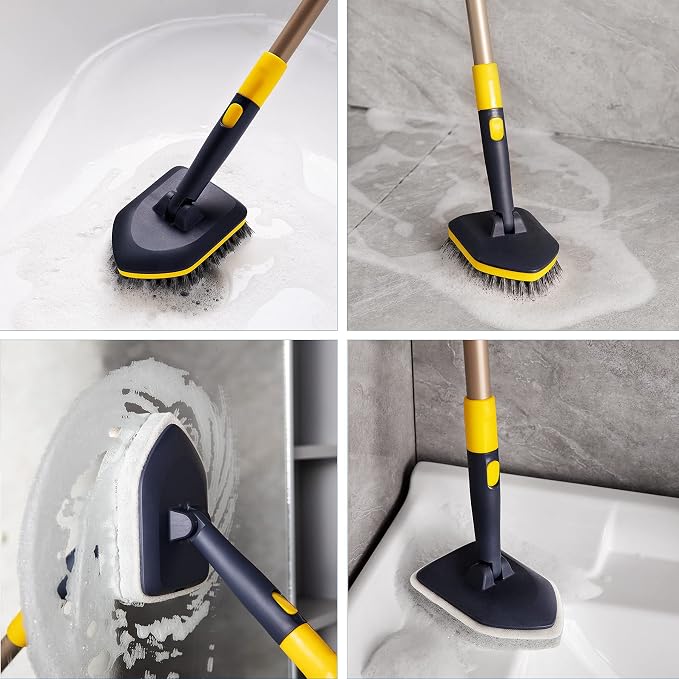 Yocada Tub Tile Scrubber Brush 2 in 1 Cleaning Brush 4*Scouring Pads 58.2" | Adjustable Telescopic Pole Stiff Bristles for Cleaning Bathroom Kitchen Toilet Wall Tub Tile Sink Non Scratch