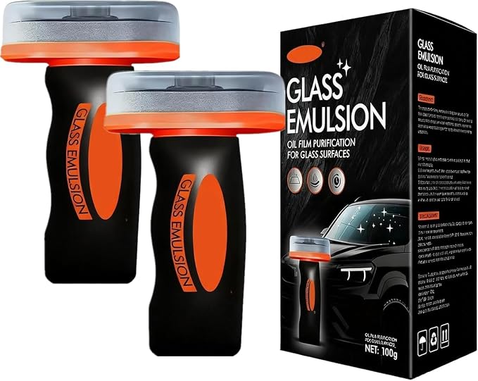 Glass Oil Film Remover for Car Windshield, Handheld Roll-On Glass Emulsion Cleaner with cleaning board, Removes Stubborn Oil Film & Grime for Improved Windshield Clarity for Safe Driving(3.5oz) (2PCS)