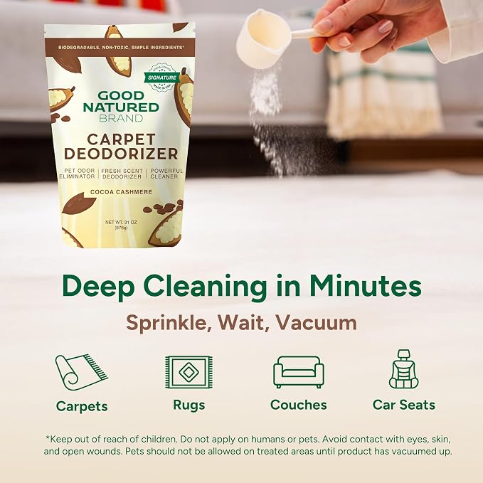 Good Natured Brand | Carpet Deodorizer & Freshener Powder | 31 oz Pet Odor Eliminator for Strong Odor & Pet Urine | Fresh Natural Cocoa Cashmere Scent | Safe for Homes with Pets