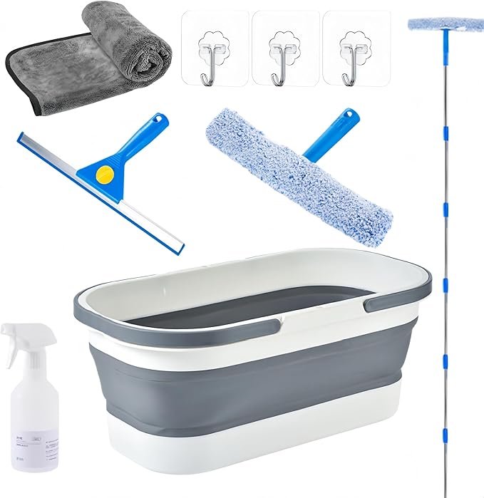 Window Cleaning Kit with Collapsible Bucket,Window Washing Kit with 6.56Ft Extension Pole,Scrubber,Professional Window Washing Kit Cleaner Tool for Home Outdoor Office Commercial Use