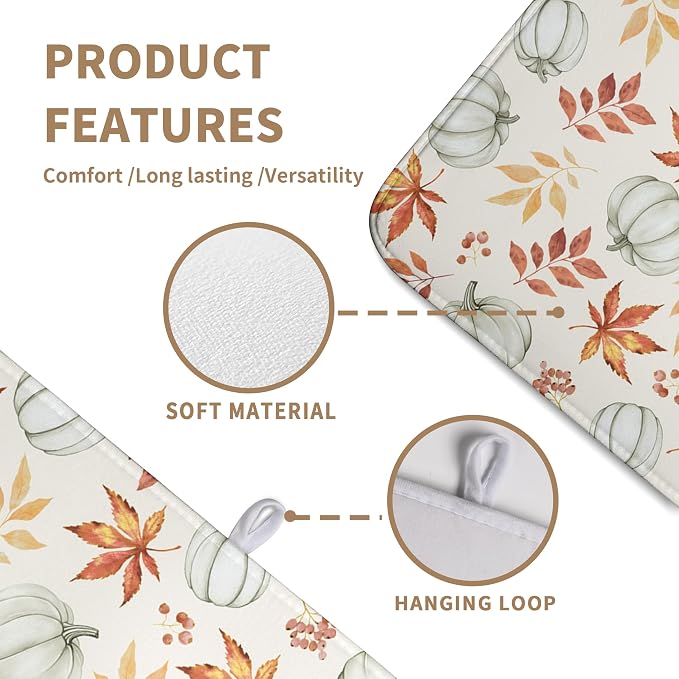 Fall Orange Maple Leaf Pumpkin Dish Drying Mat for Kitchen Counter Seasonal Autumn Thanksgiving Harvest Drying Mats Absorbent Microfiber Dishes Drainer Pad Holiday Dish Rack Mat 18x24 Inch