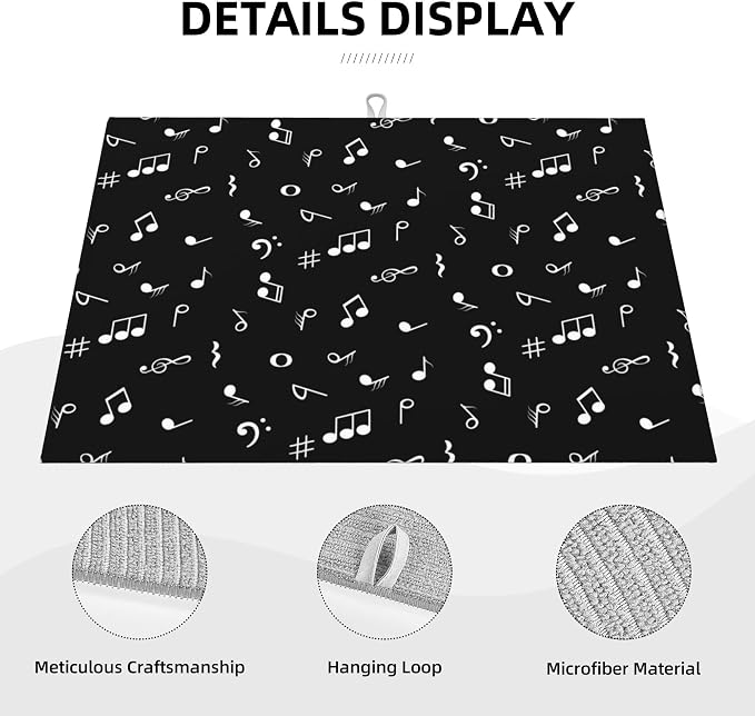 Music Notes Dish Drying Mat for Kitchen Counter Musicial Dish Drainer Rack Mats 16x18 Inches Absorbent Reversible Black Drying Pad