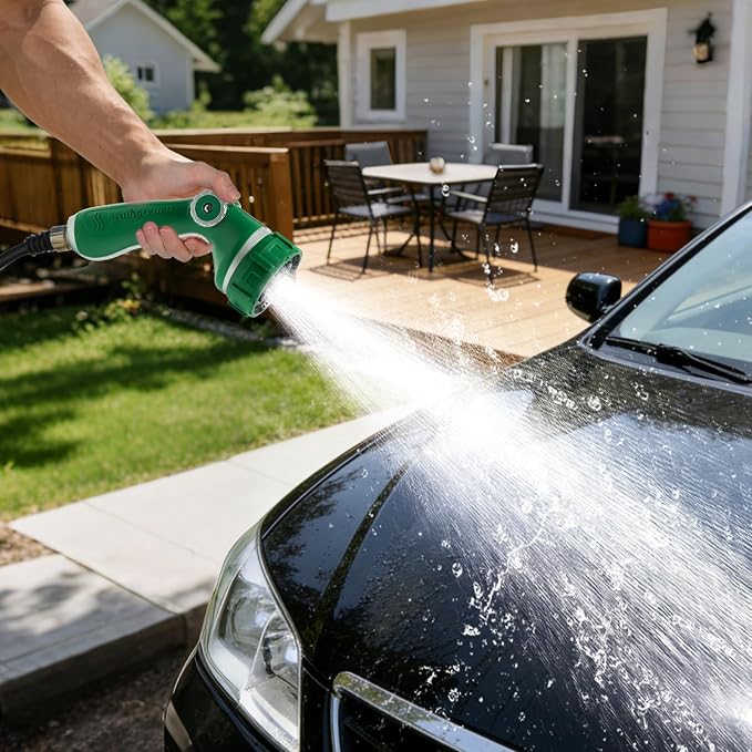 HugeDawn Garden Hose Nozzle with 7 Spray Patterns, Heavy Duty Metal Sprayer 30% Greater Water Flow for Watering, Car Wash, Outdoor Cleaning (Green)
