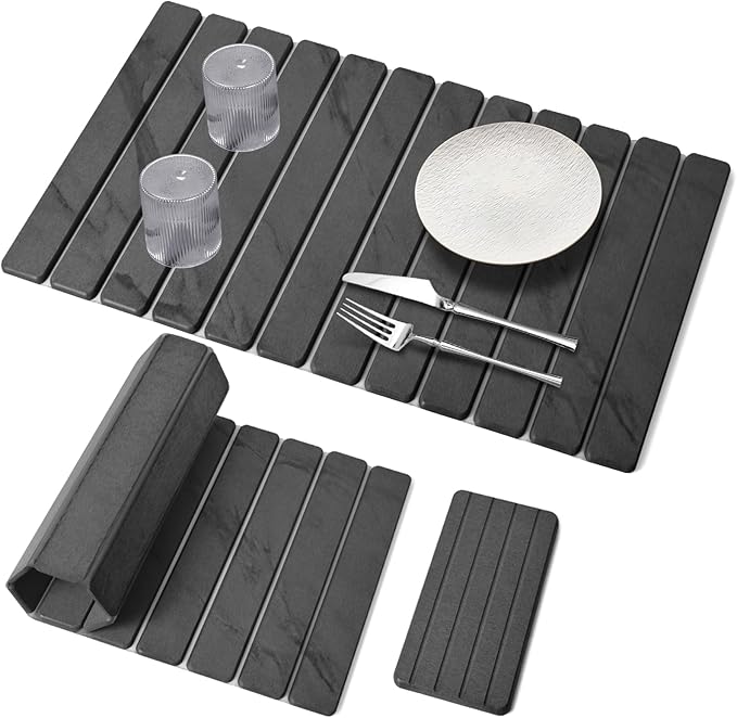 2 PCS Extra Large Stone Dish Drying Mat for Kitchen Counter, 28"×16" Marble Dish Drying Mat with 8"x 4" Coasters, Non - Slip Collapsible Absorbent Mat for Multi - Purpose, Match Any Countertop【Gray】