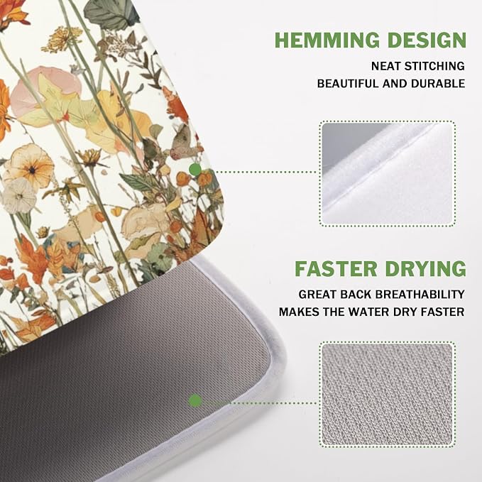 Fall Floral Dish Drying Mat for Kitchen Counter Orange Rustic Vintage Wildflower Pattern Microfiber Dish Drainer Mat Autumn Absorbent Washable Drying Pad Extra Large 16"x18"