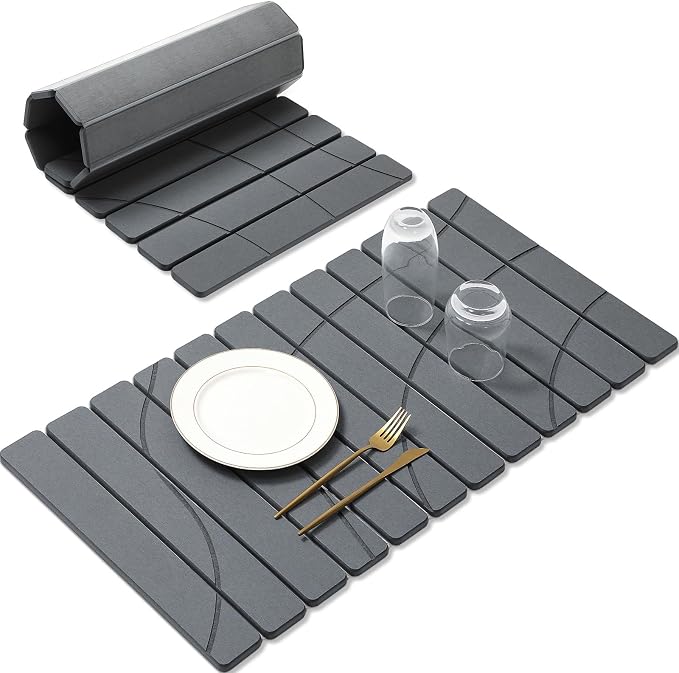 Extra Large Stone Dish Drying Mat for Kitchen Counter, Quick Dry Stone Dish Mats, Foldable Water Absorbing Diatomaceous Drying Pad for Countertop Bottles Utensils Bathroom (Flow Line Gray 32"x16")