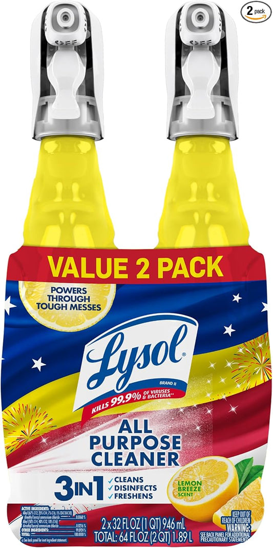 Lysol All Purpose Cleaner Spray, Multi-Purpose Disinfecting Spray, Kitchen & Bathroom Cleaner, Lemon Breeze Scent, 32 Fl Oz (Pack of 2)