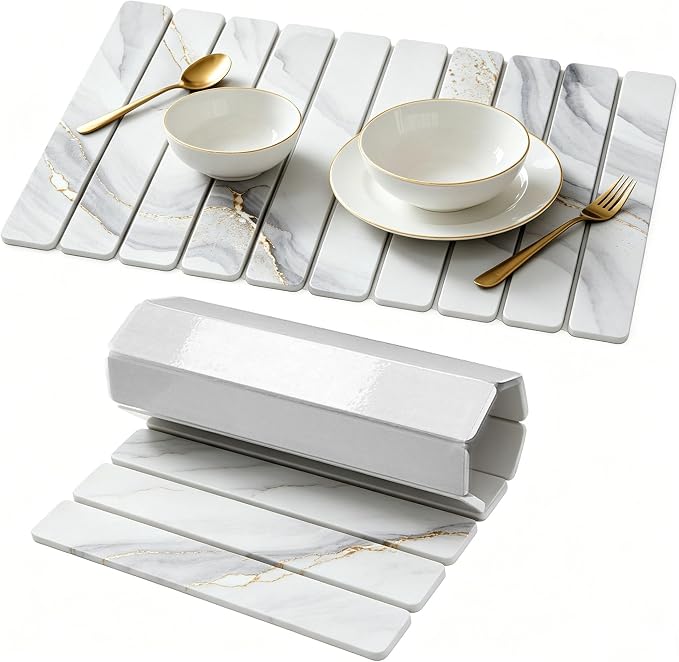 Stone Drying Mat for Kitchen Counter, Quick Diatomaceous Earth Mats for Dishes, 24"L x 16" W Super Absorbent Fast-Drying Collapsible Countertop Stone Mat (Marble White-04, 24" x 16")