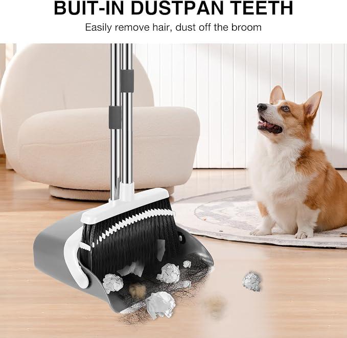NACENA Broom and Dustpan Set with 52-in Long Adjustable Handle, Grey White | Broom Dustpan Combo with Dustpan Teeth to Automatically Clean Hair Suitable for Home Kitchen Office Hall Floor