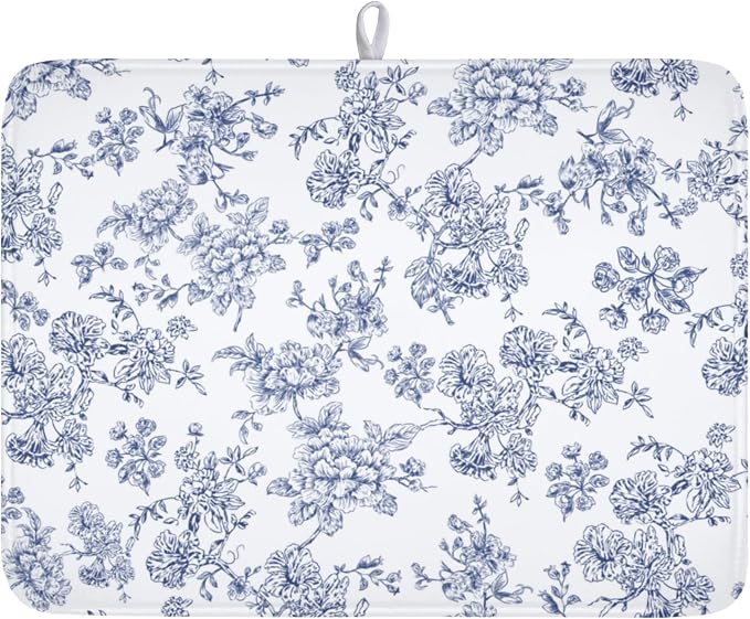 Blue Floral Dish Drying Mat for Kitchen Counter Chinoiserie Flower Microfiber Dish Drainer Mat Vintage Rustic Elegant Absorbent Washable Drying Pad Extra Large 18"x24"