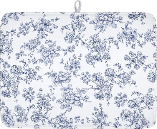 Blue Floral Dish Drying Mat for Kitchen Counter Chinoiserie Flower Microfiber Dish Drainer Mat Vintage Rustic Elegant Absorbent Washable Drying Pad Extra Large 18"x24"