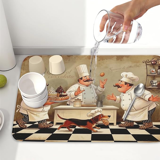 Fat Chef Dish Drying Mat For Kitchen Counter 18x24 Inch Microfiber Absorbent Drying Pad Chef Kitchen Drying Mat Dishes Pad Dish Drainer Rack Mats For Coffee Bar Decor Mats