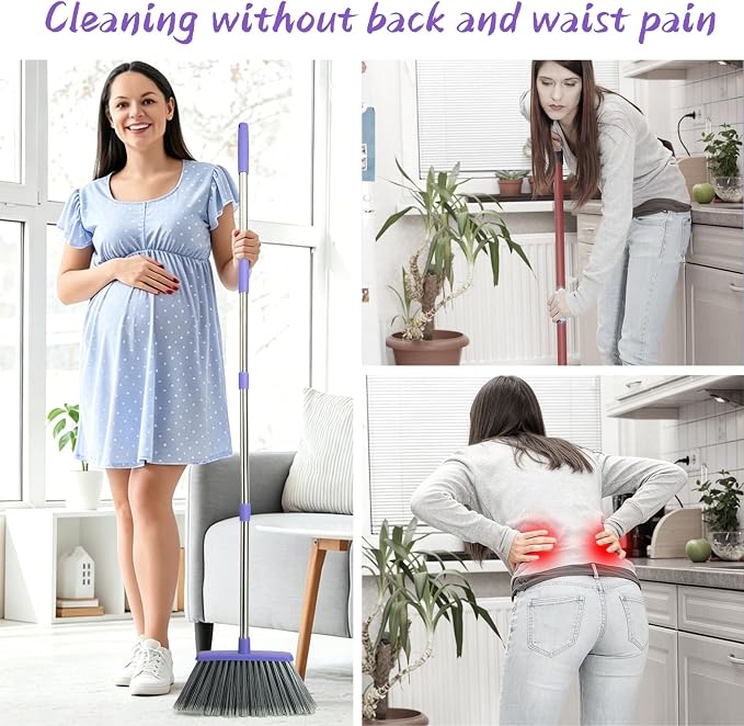 Broom and Dustpan Set with 51" Adjustable Long Handle-Gray Purple | Long Handle and Standing Dust Pan with Comb Teeth, Efficient Floor Cleaning for Kitchen, Outdoor, Dorm, Apartment, Office