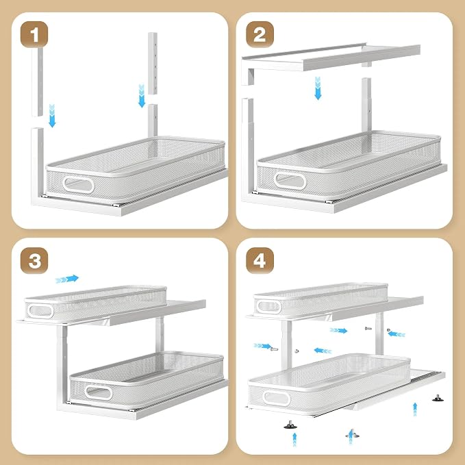 2-Pack 21.3 IN Depth Under Sink Organizer With Next-Gen Ball-Bearing Slides,Sophisticated Mesh 2-Tier Pull Out Shelf for Kitchen & Bathroom,Fits Small Items-White(Patented)