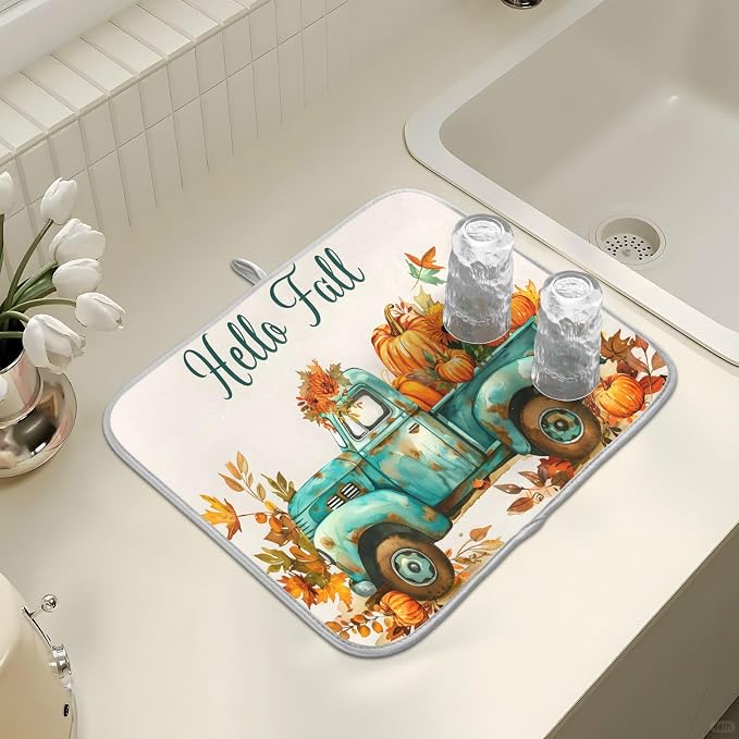 Vintage Fall Truck with Pumpkins Autumn Leaves Dish Drying Mat for Kitchen Counter Absorbent Microfiber Small Drying Pad Dish Mats for Kitchen Countertops 16 x 18 Inch