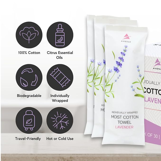 60 Hot or Cold Wrapped Moist Towels – 9'' x 9" Moist Towelettes Individually Wrapped Scented Disposable Face & Hand – Pre-Moistened Hand Wipes Soft Refreshing for Travel, Spa, Restaurant - Lavender
