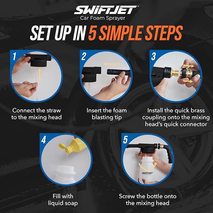 SwiftJet Car Wash Foam Gun + Microfiber Wash Mitt - Works with Any Soap - Garden Hose Car Foam Sprayer - Foam Cannon Car Wash Kit - Car Accessories Foam Blaster (Black Foam Gun with Mitt)