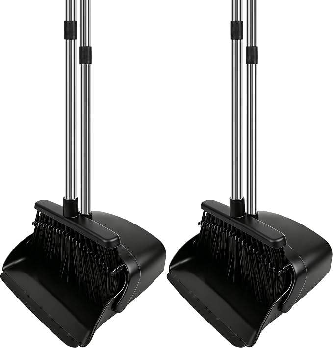 Broom and Dustpan Set 2 Pack, Upright Stand Up Broom and Dustpan Combo with Long Handles, Self-Cleaning Dustpan Teeth, Indoor Outdoor Sweeping Set for Home, Kitchen, Garage Pet Areas Black