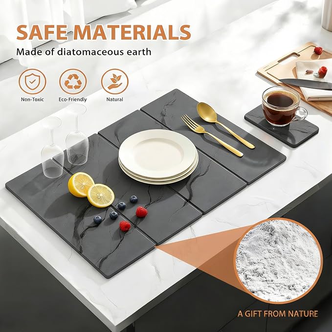 Large Stone Dish Drying Mat for Kitchen Counter, 2 PCS Quick Dry Diatomaceous Earth Dish Mat Set – Foldable Water Absorbing Kitchen Accessories for Countertop(Dark Gray 24"x16"&8"x4")