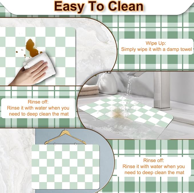 Dish Drying Mat for Kitchen, 16'' x 24'' Coffee Bar Mat for Countertops, Checkered Coffee Station Mats with Non-slip Rubber Backed, Absorbent Dish Dying Mat for Kitchen Counter, Green & White