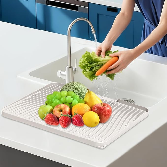 Silicone Dish Drying Mat for Kitchen counter, 19.7"x17" Extra Large Non-Slip Drain Pad with Built-in Drainage, Heat Resistant Dishwasher Safe, Cream