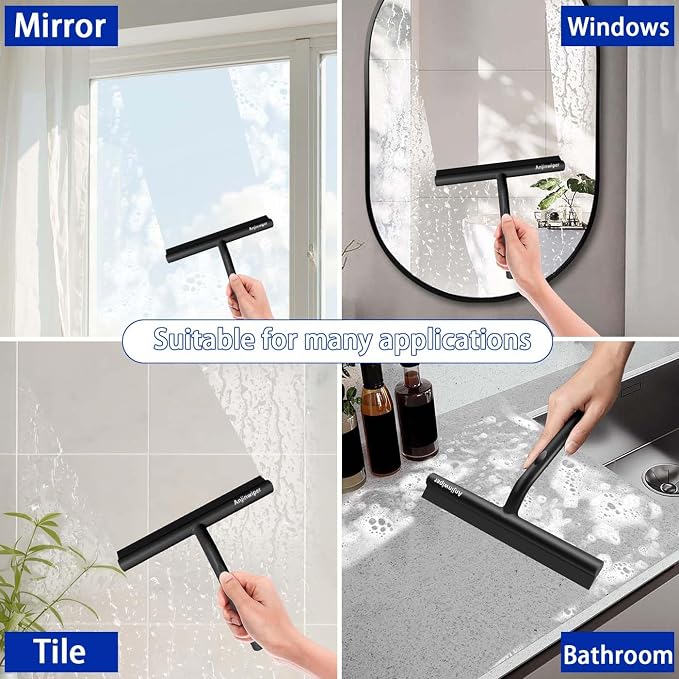 Shower Squeegee for Glass Doors, 8 Inch Shower Door Squeegee, Adhesive Hook | Silicone Streak Free, Anti-Rust, All Purpose Squeegee for Shower Glass, Tile Walls, Window, Car, Water & Soap Cleaning Tool