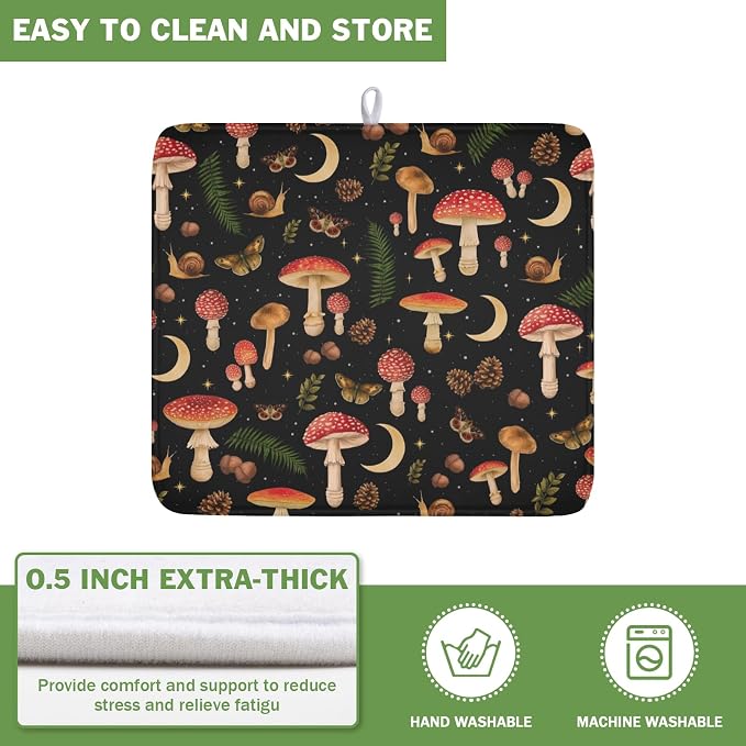 Botanical Mushroom Fern Leaf Dish Drying Mat 16x18 Inch | Butterfly，Polyester，Absorbent Microfiber，for Kitchen Coffee Dining Bar Decor