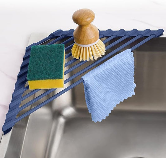 Tomorotec Compact Silicone-Coated Triangle Dish Drying Rack for Sink Corner - Foldable Stainless Steel Over-The-Sink Organizer and Storage Shelf (Dark Blue)