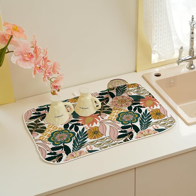 Boho Dish Drying Mat 18 x 24 Inch Pink Green Floral Drying Mat for Kitchen Counter Absorbent Bohemian Tropicla Leaves Spring Summer Dishes Dry Pad for Drainer Rack Kitchen Fast Dry
