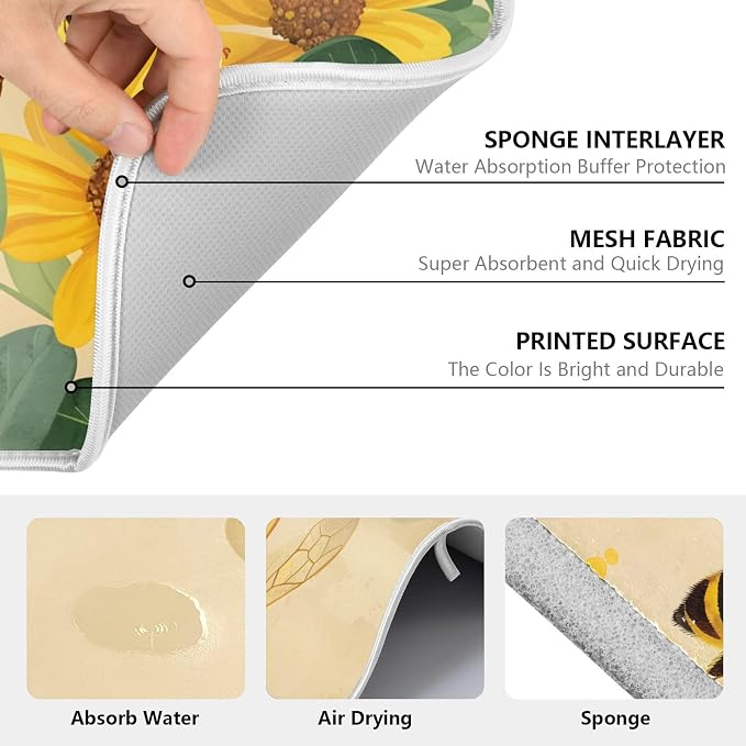 Honey Bee Dish Drying Mat for Kitchen Counter Absorbent Microfiber Large Drying Pad Yellow Flowers Leaves Dish Mats for Kitchen Countertops 18 x 24 Inch117