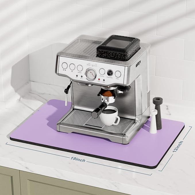 Rnivvi Coffee Mat, 12" x 19" Coffee Bar Mats for Espresso Machine Station Accessories and Organizer, Hide Stain Rubber Backed Absorbent Dish Drying Pad for Kitchen Counter, Cute Bar Decor Pad, Purple
